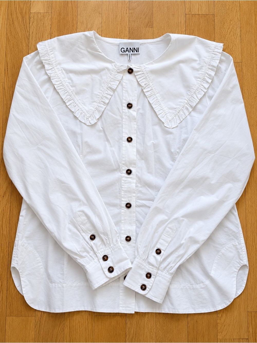 Ganni White Ruffle Collar Button-Down Shirt